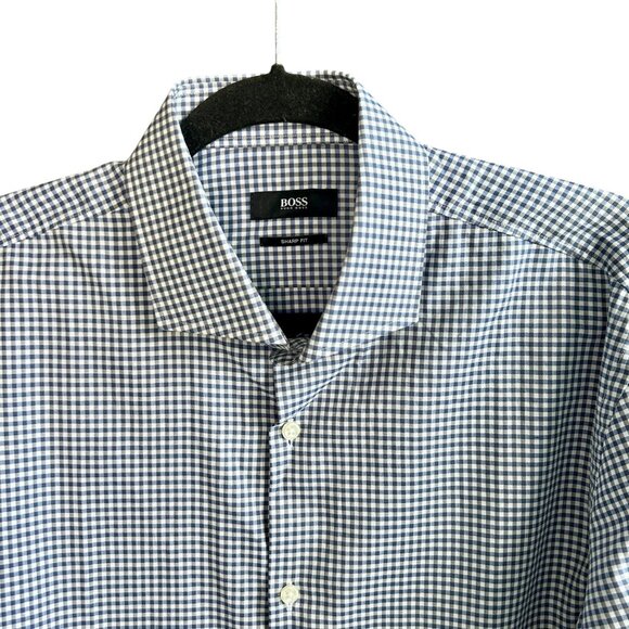 Hugo Boss Sharp Fit Blue and Gray Windowpane Plaid Long Sleeve Shirt Size 16.5 - Picture 3 of 9